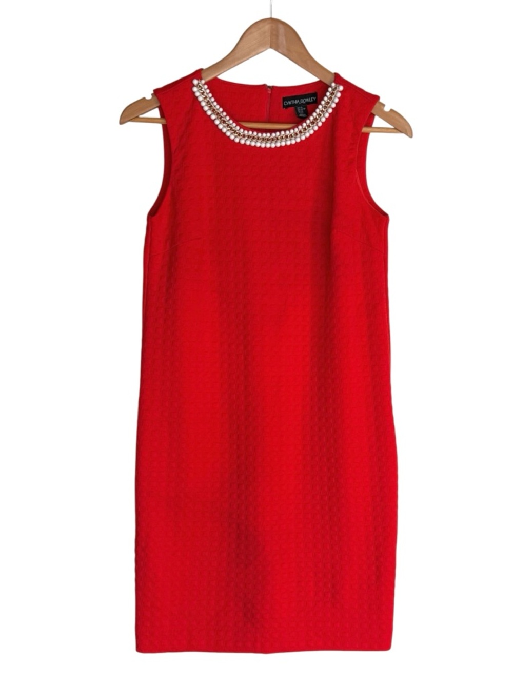 Cynthia Rowley textured sleeveless shift dress beaded neckline red orange XS